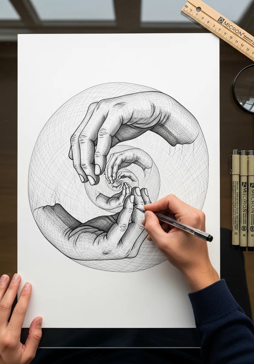 Fine pencil drawing of two hands drawing each other inside a circular frame