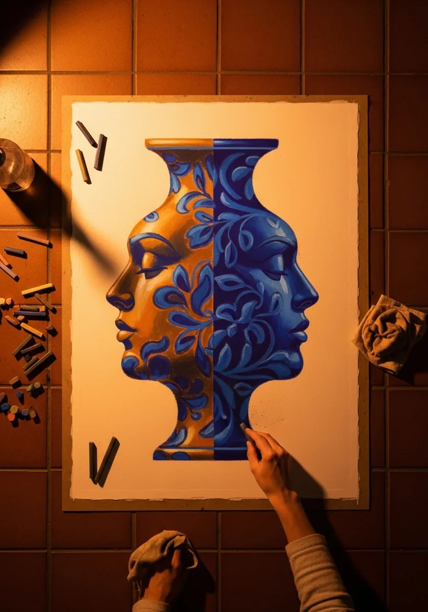 Ornate blue vase that also reads as two facing profiles against an orange ground