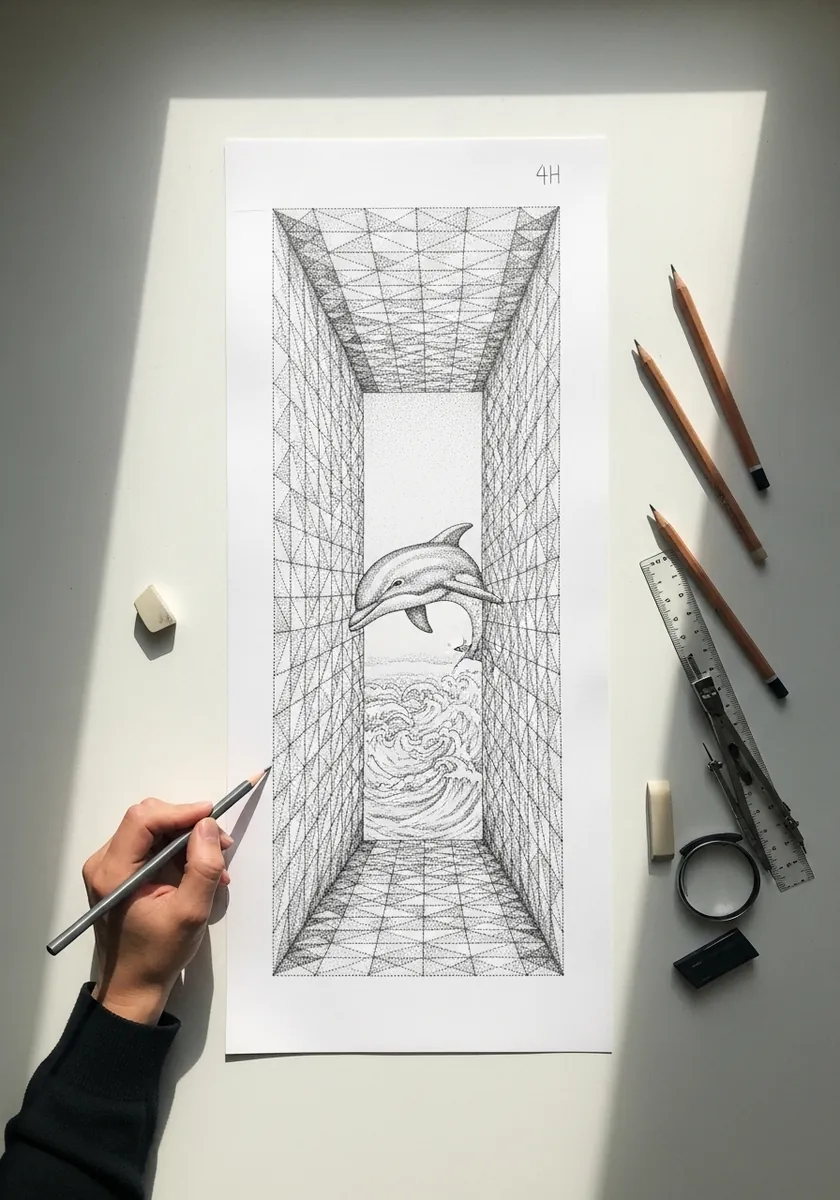 Fine ink drawing of a long tunnel receding to a single vanishing point