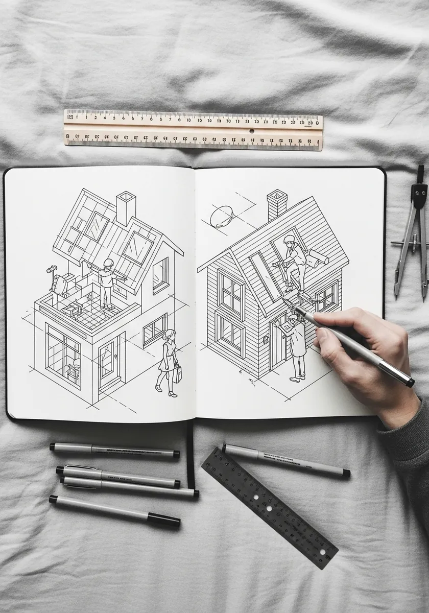 Artist drawing a couple working on a house together in a sketchbook