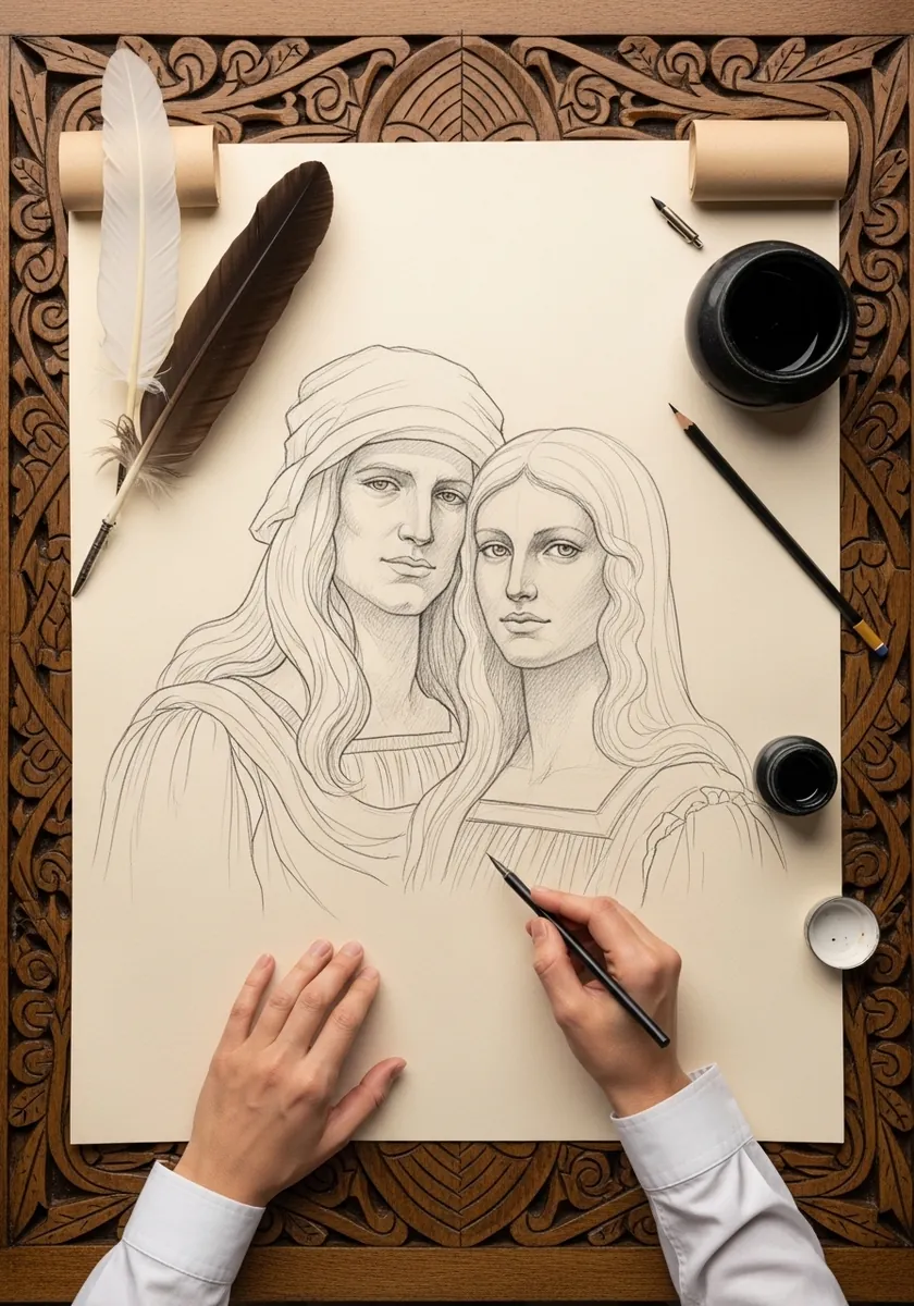 Artist drawing a couple in a renaissance style double portrait in fine ink