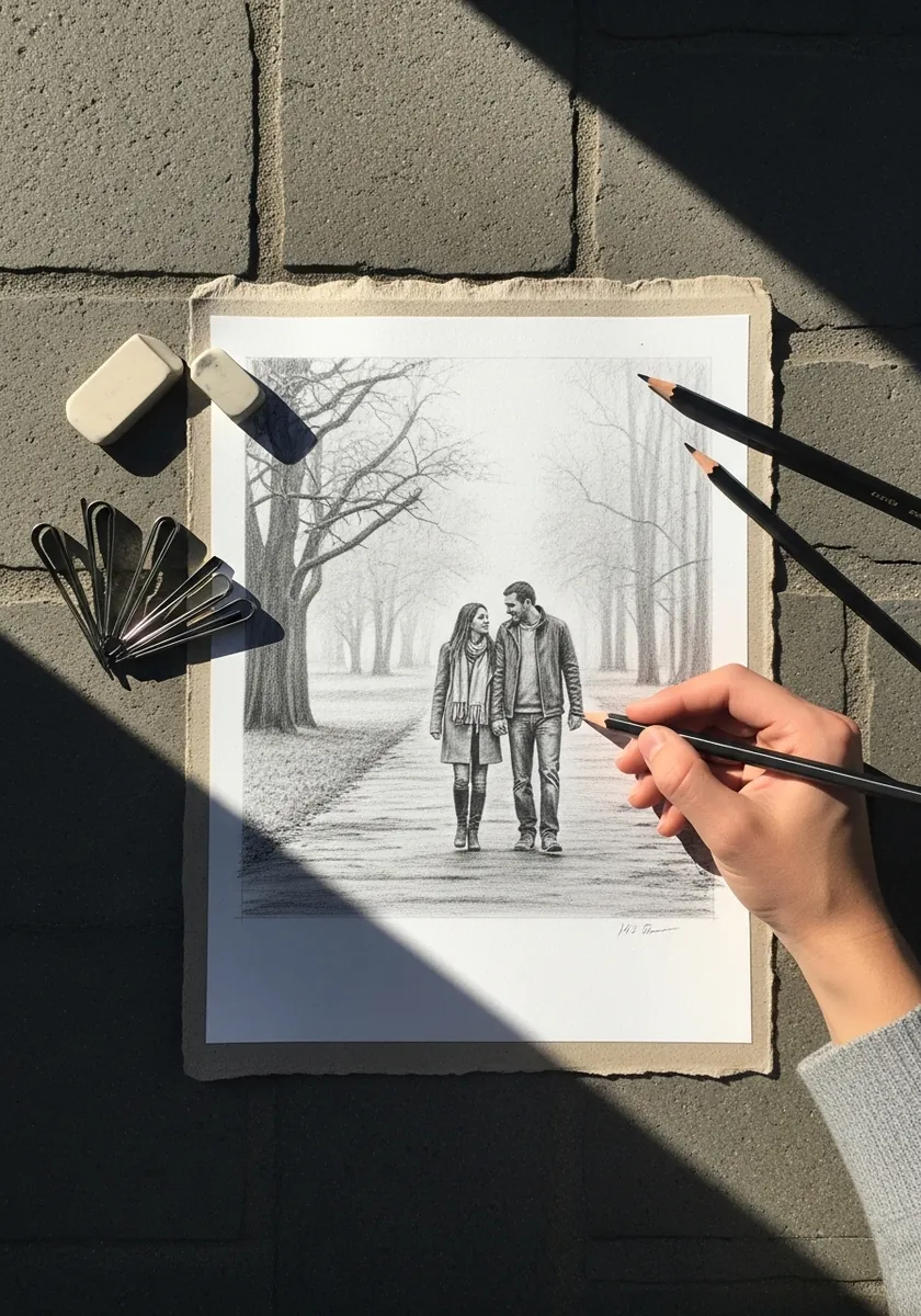 Artist drawing a couple walking through a bare winter park in pencil
