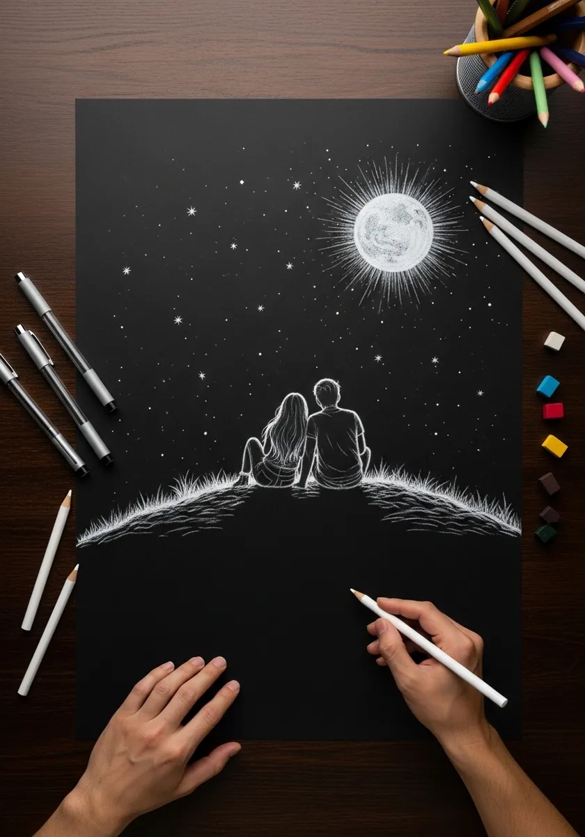 Artist drawing a couple sitting under a full moon on black paper in white pencil