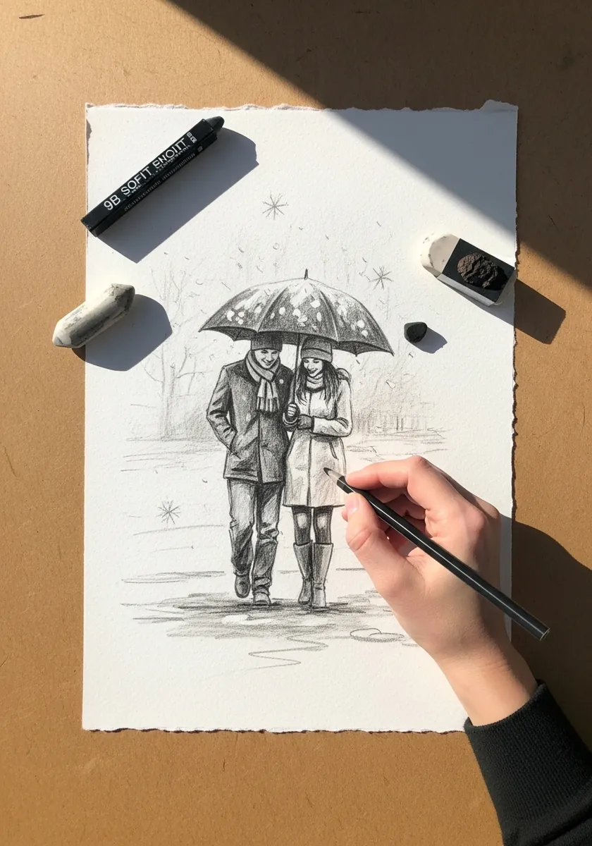 Artist drawing a vintage couple with an umbrella walking through falling snow