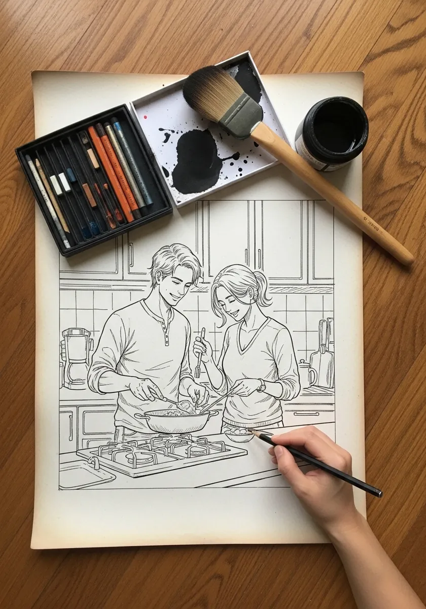 Artist drawing a couple cooking together at a kitchen table in ink