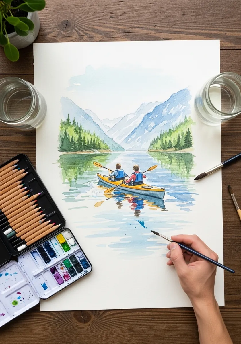 Artist painting a couple in a canoe on a mountain lake with watercolor