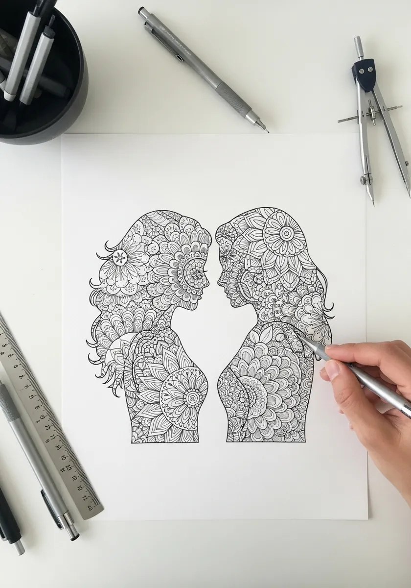 Artist drawing two decorative profiles facing each other filled with mandala pattern