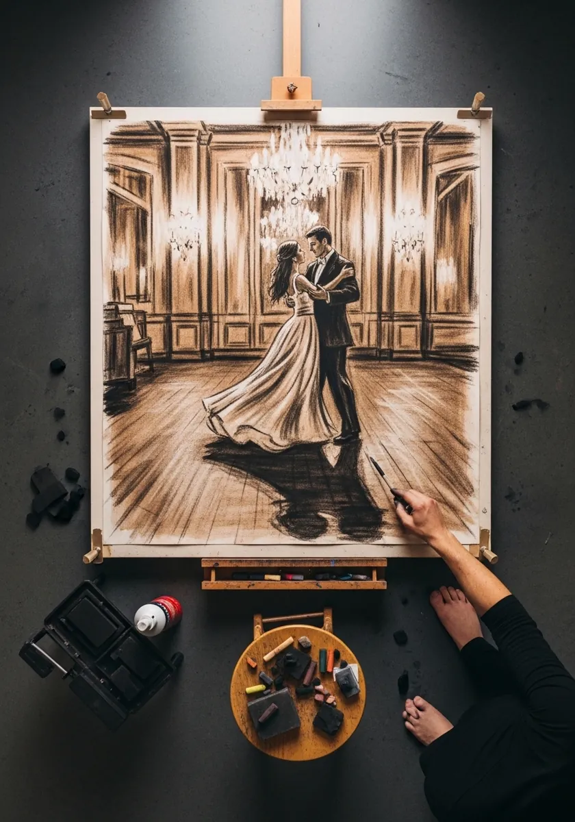 Artist drawing a ballroom dancing couple in sepia on a large easel