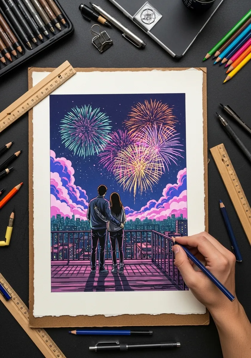 Artist coloring a couple from behind watching fireworks over a railing