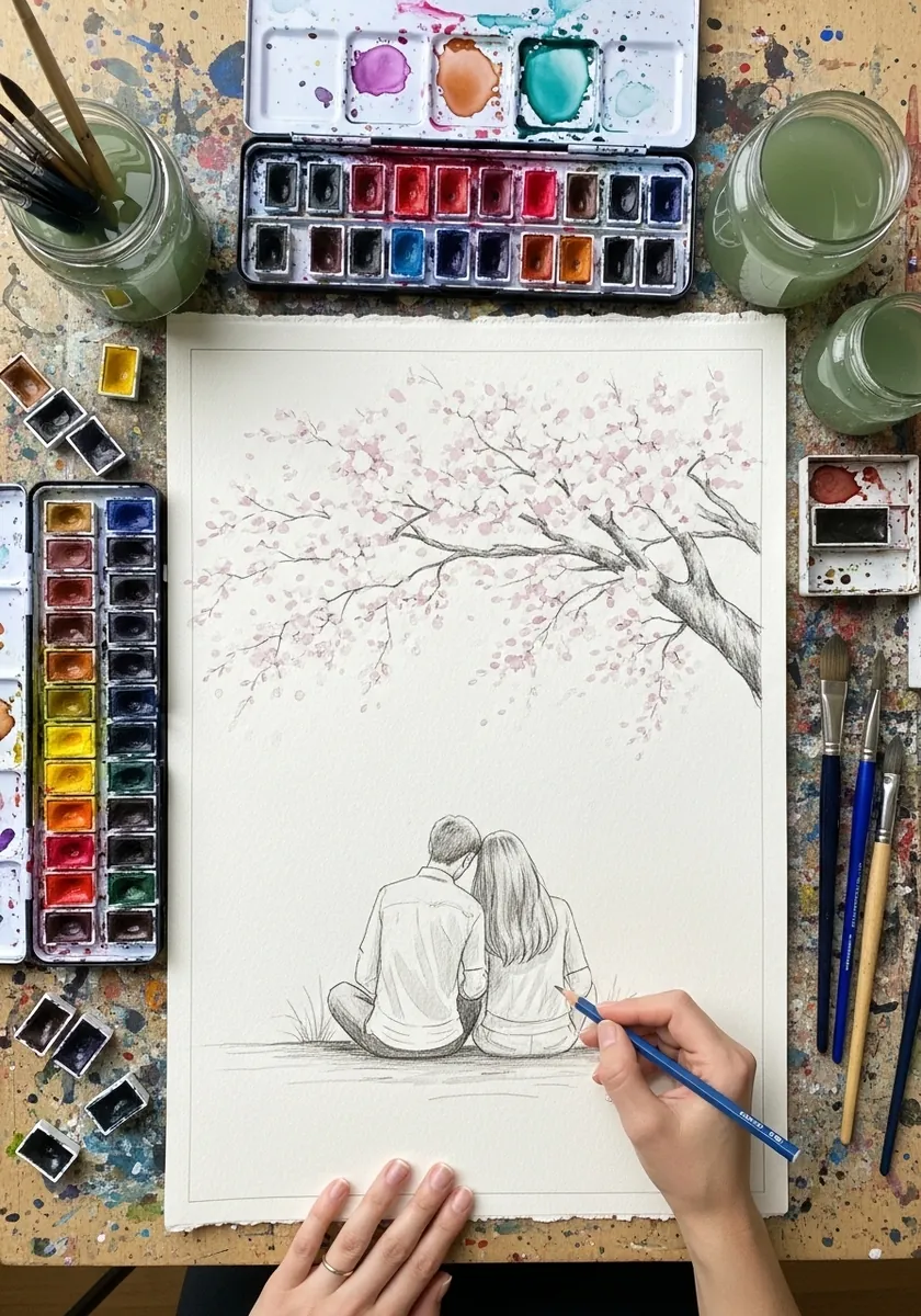 Artist painting a couple sitting under a cherry blossom tree seen from behind