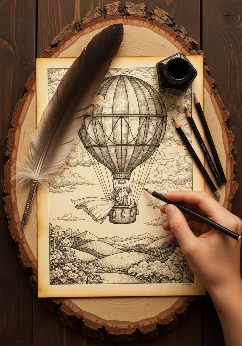 Artist drawing a couple in a hot air balloon basket over a landscape