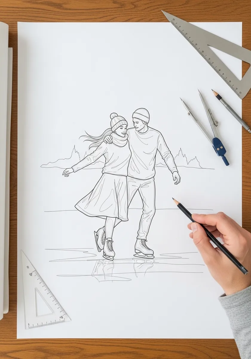 Artist drawing a couple ice skating in a clean pencil outline