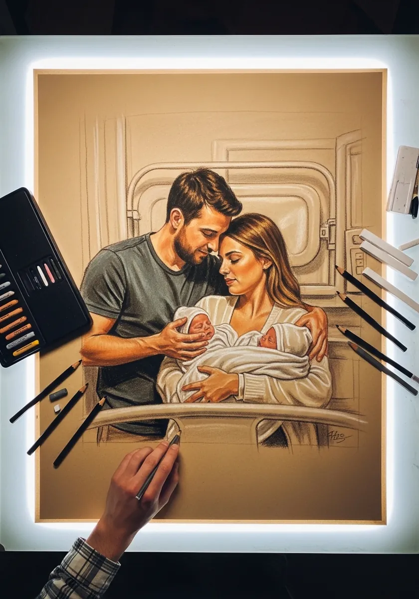 Artist drawing a couple holding a newborn baby in soft pencil on a lightbox