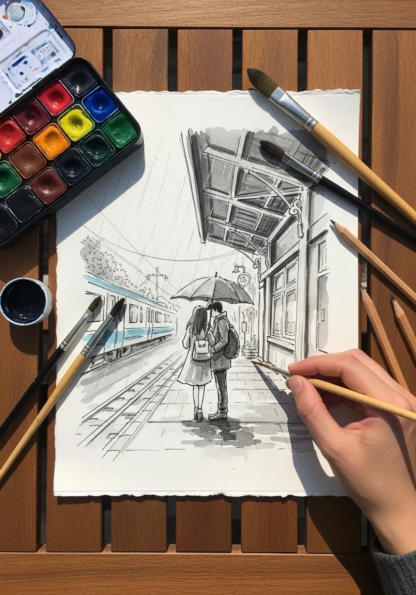 Artist drawing a couple with an umbrella waiting on a railway platform