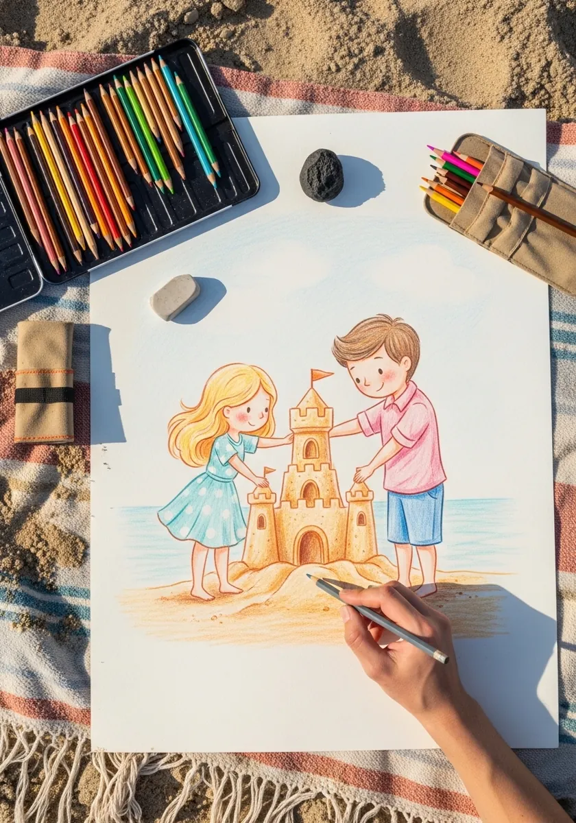 Artist coloring two children building a sandcastle on a beach blanket