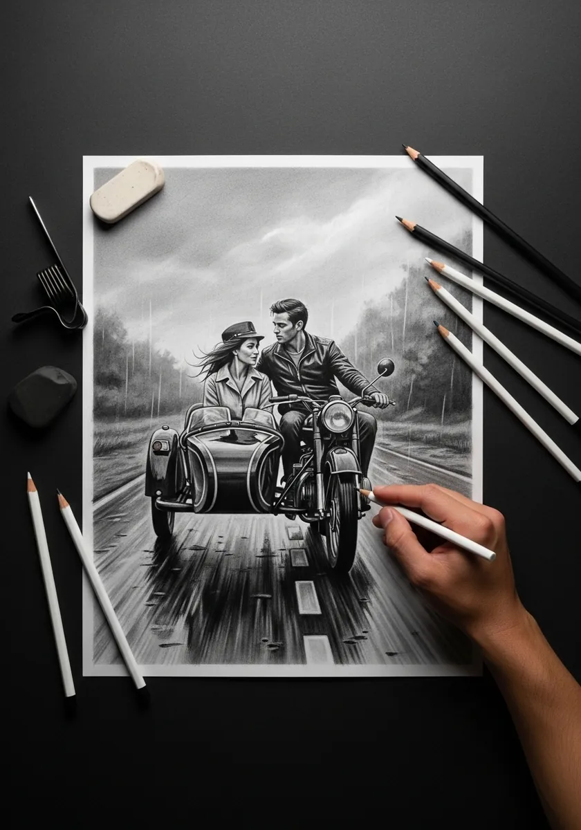 Artist drawing a couple riding a motorcycle with a sidecar in graphite