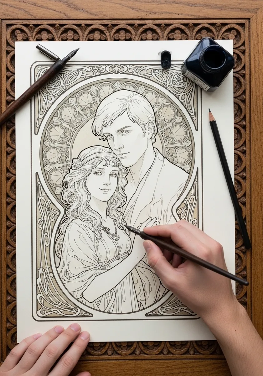 Artist drawing an art nouveau style couple inside a decorative border
