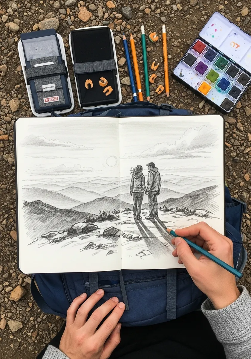 Artist drawing two hikers with backpacks looking at a mountain range