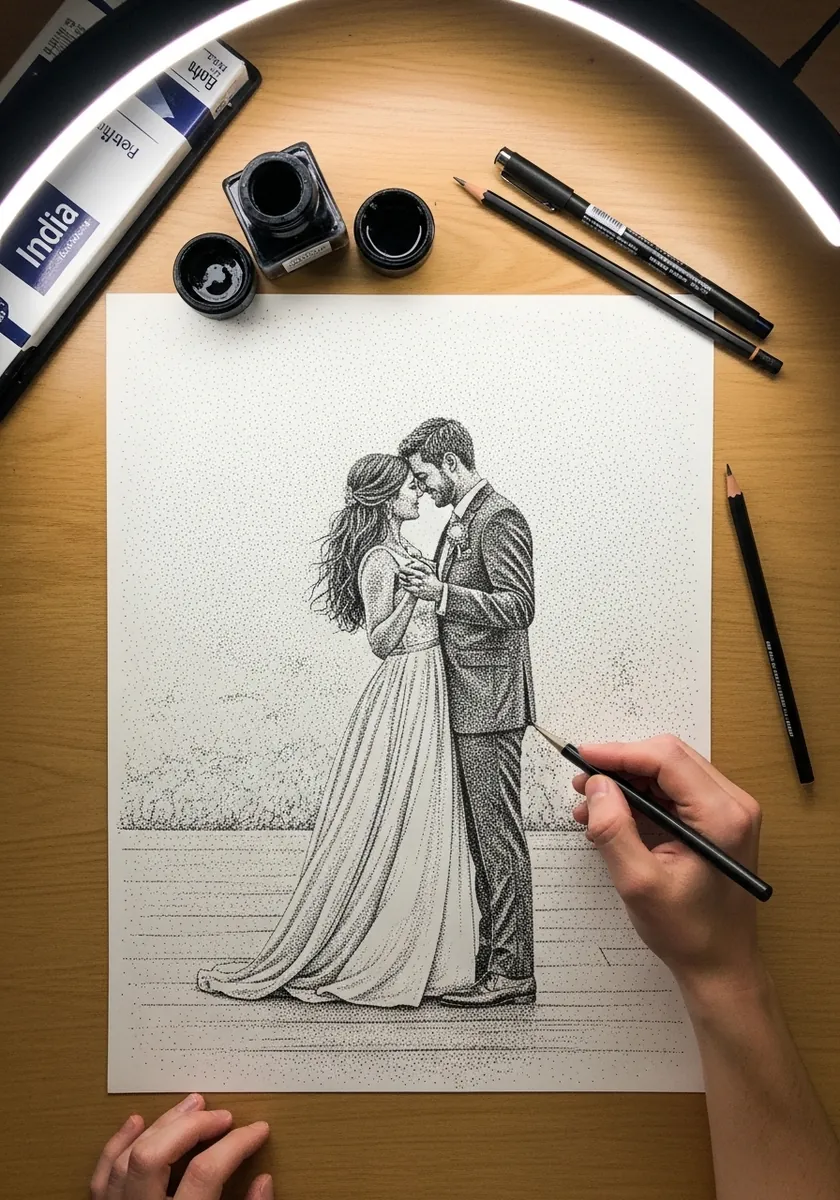 Artist drawing a wedding couple in a formal pose in fine pencil