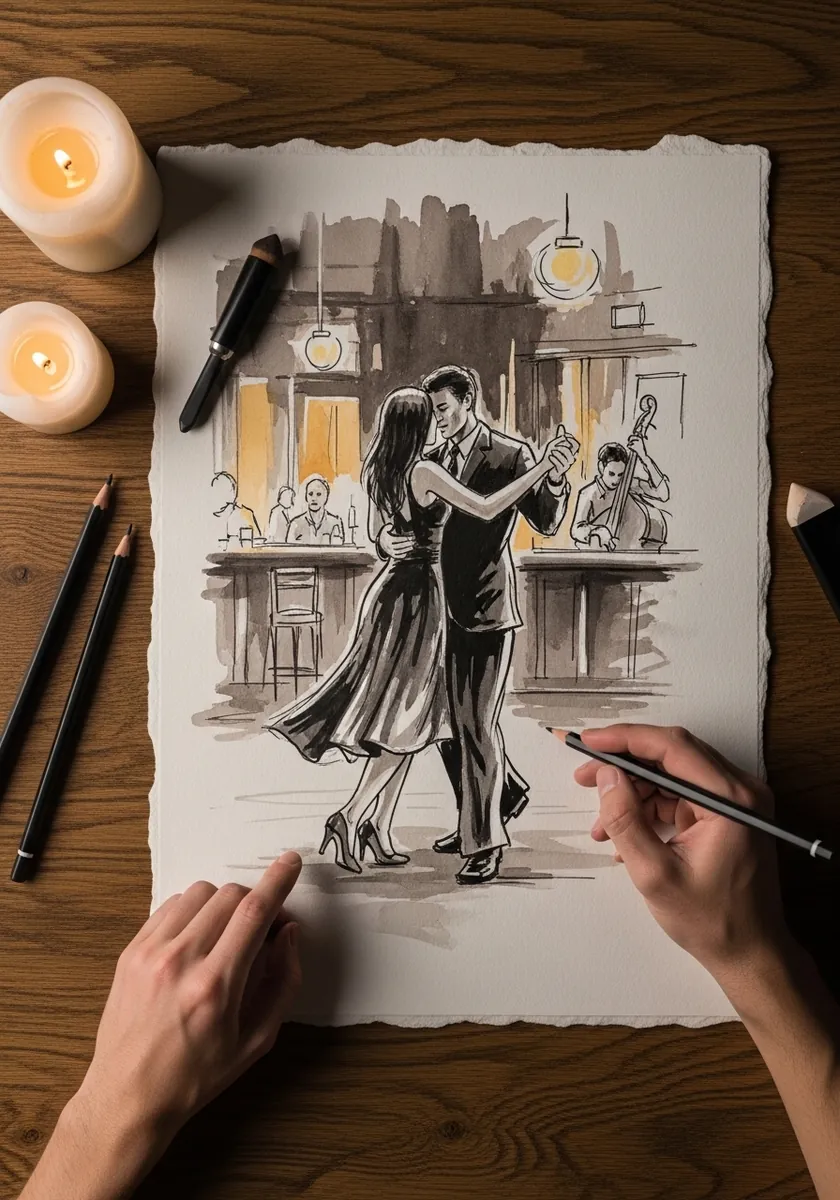Artist drawing a couple dancing in a candlelit cafe in pencil