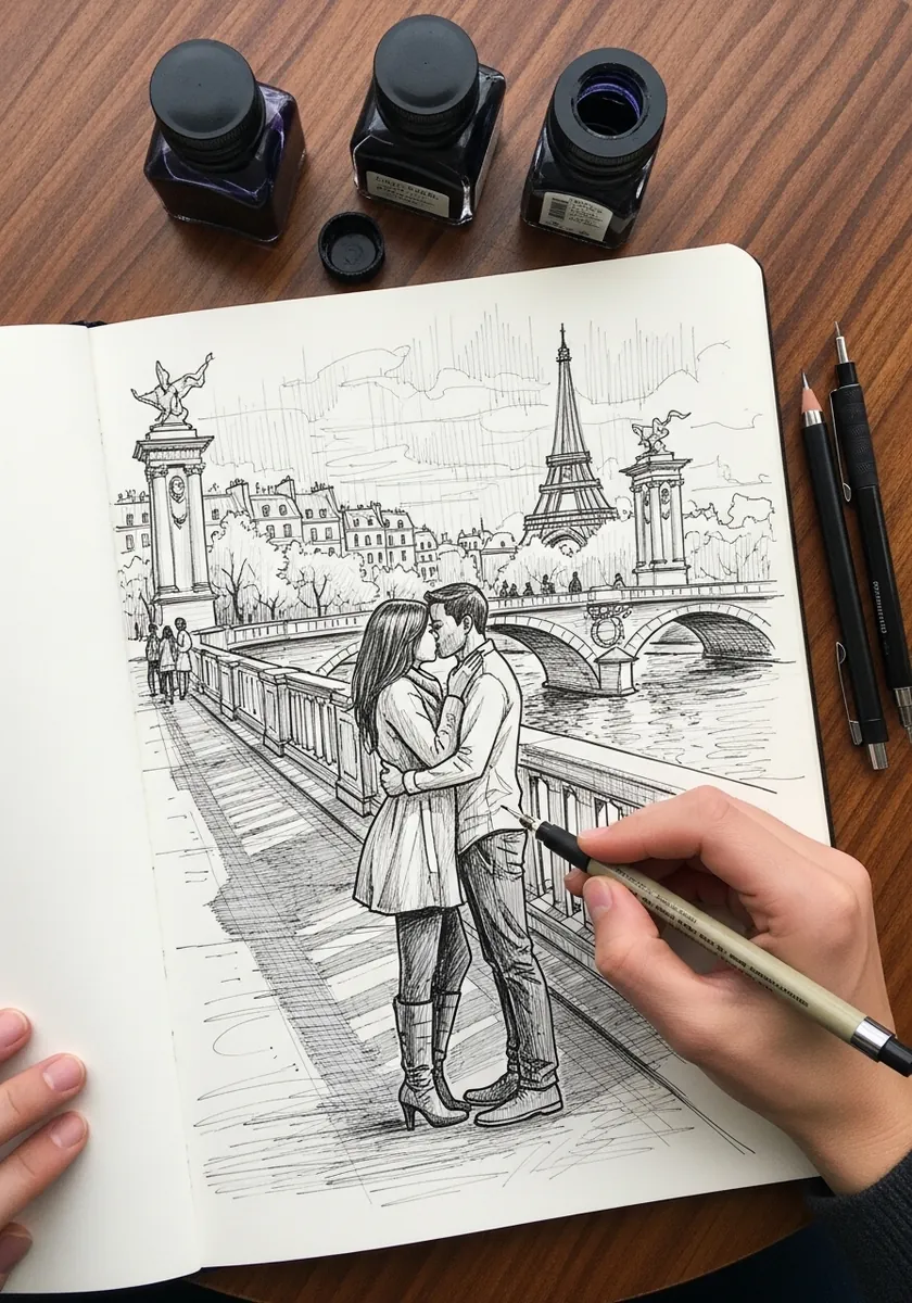 Artist drawing a couple embracing on a Paris bridge with the Eiffel Tower behind