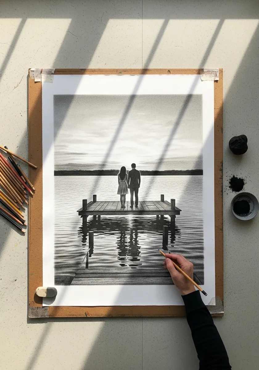 Artist drawing a couple standing at the end of a jetty over still water