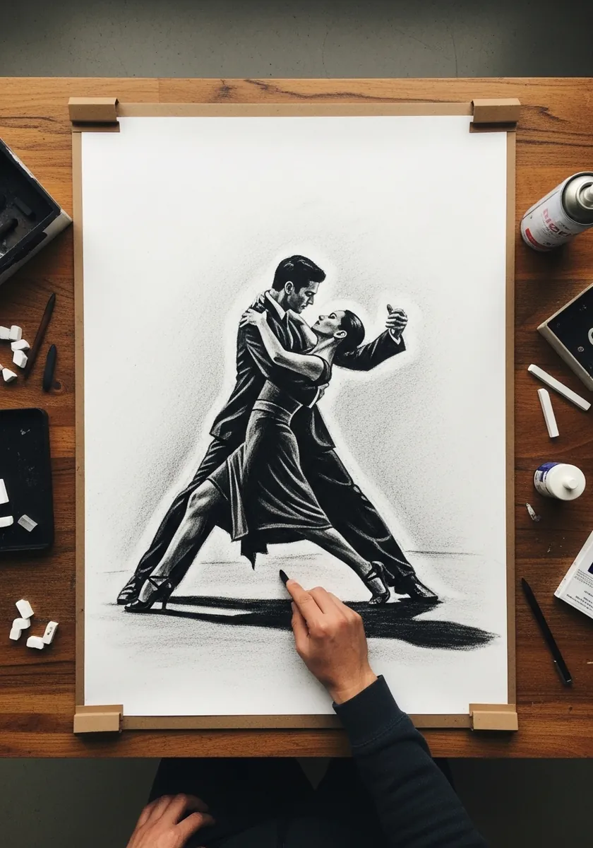Artist drawing two tango dancers as a dark silhouette on white paper