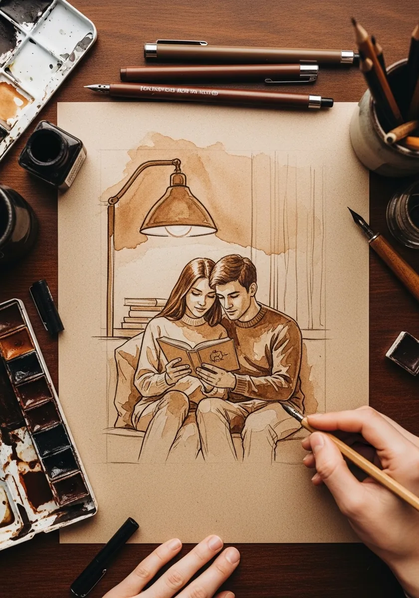 Artist drawing a couple reading a book together in sepia on toned paper