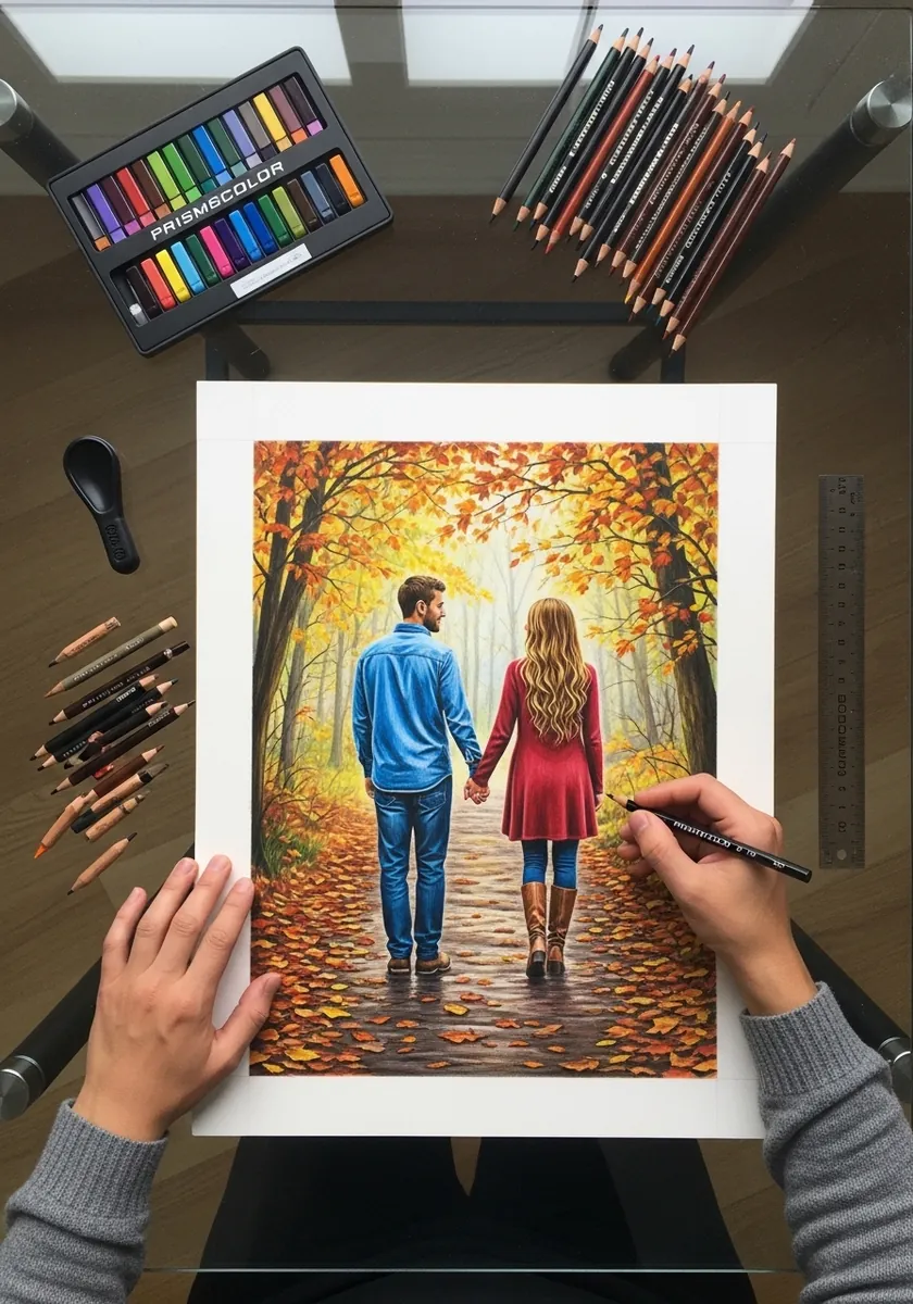 Artist coloring a couple walking hand in hand down an autumn path