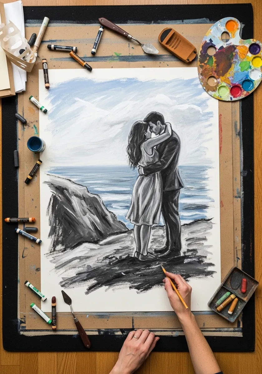 Artist drawing a couple embracing on a cliff above the sea in charcoal