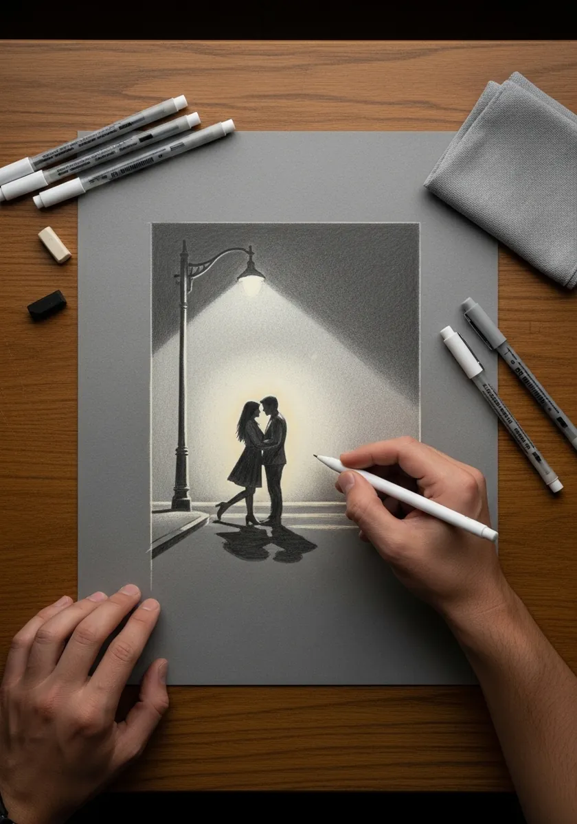 Artist drawing a couple under a street lamp on gray paper with white pencil