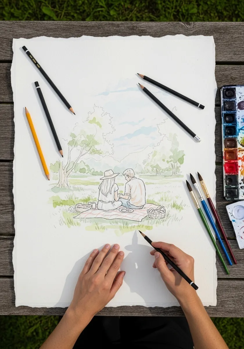 Artist drawing a couple sitting on a picnic blanket in light watercolor and pencil