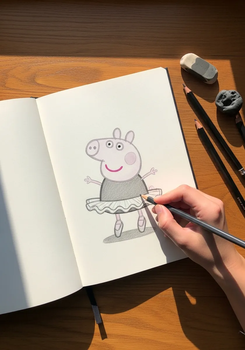 Light pencil sketch of Peppa Pig dressed as a ballerina in a tutu