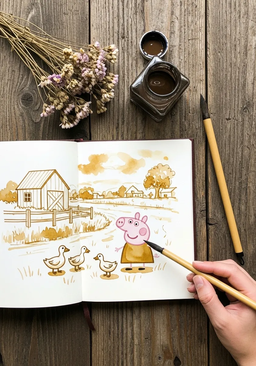 Monochrome sepia drawing of Peppa Pig on a farm with ducks and a barn