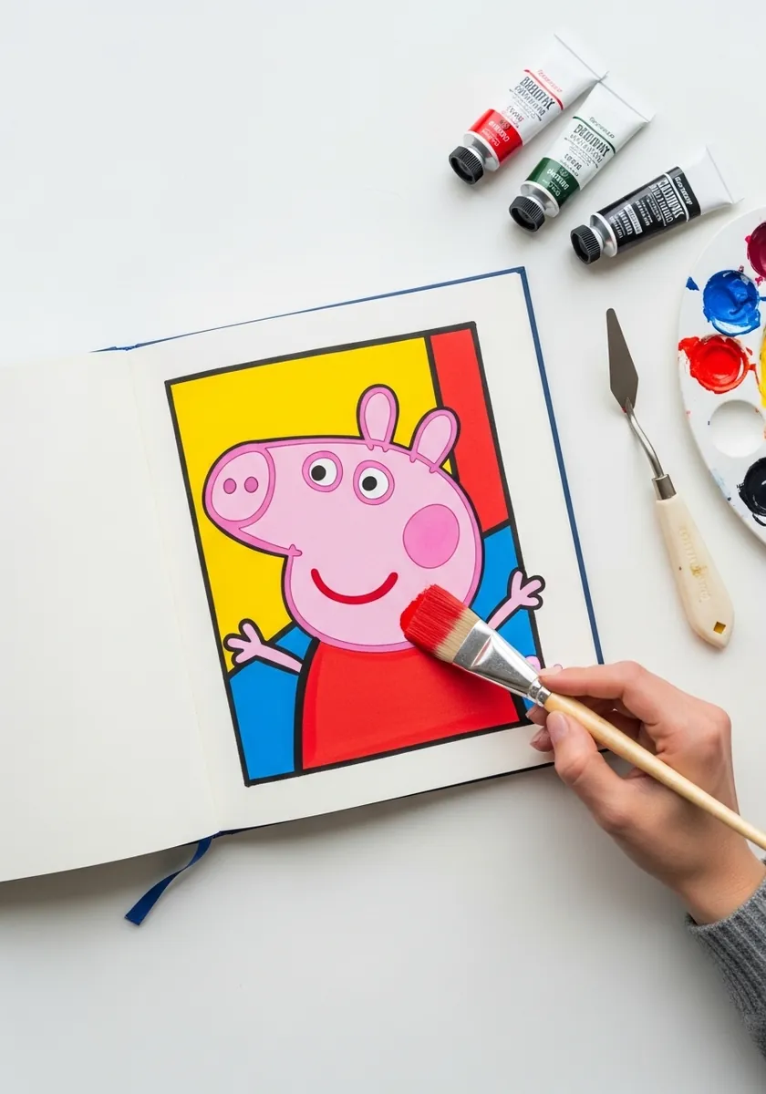 Pop art Peppa Pig portrait against red, yellow and blue geometric color blocks