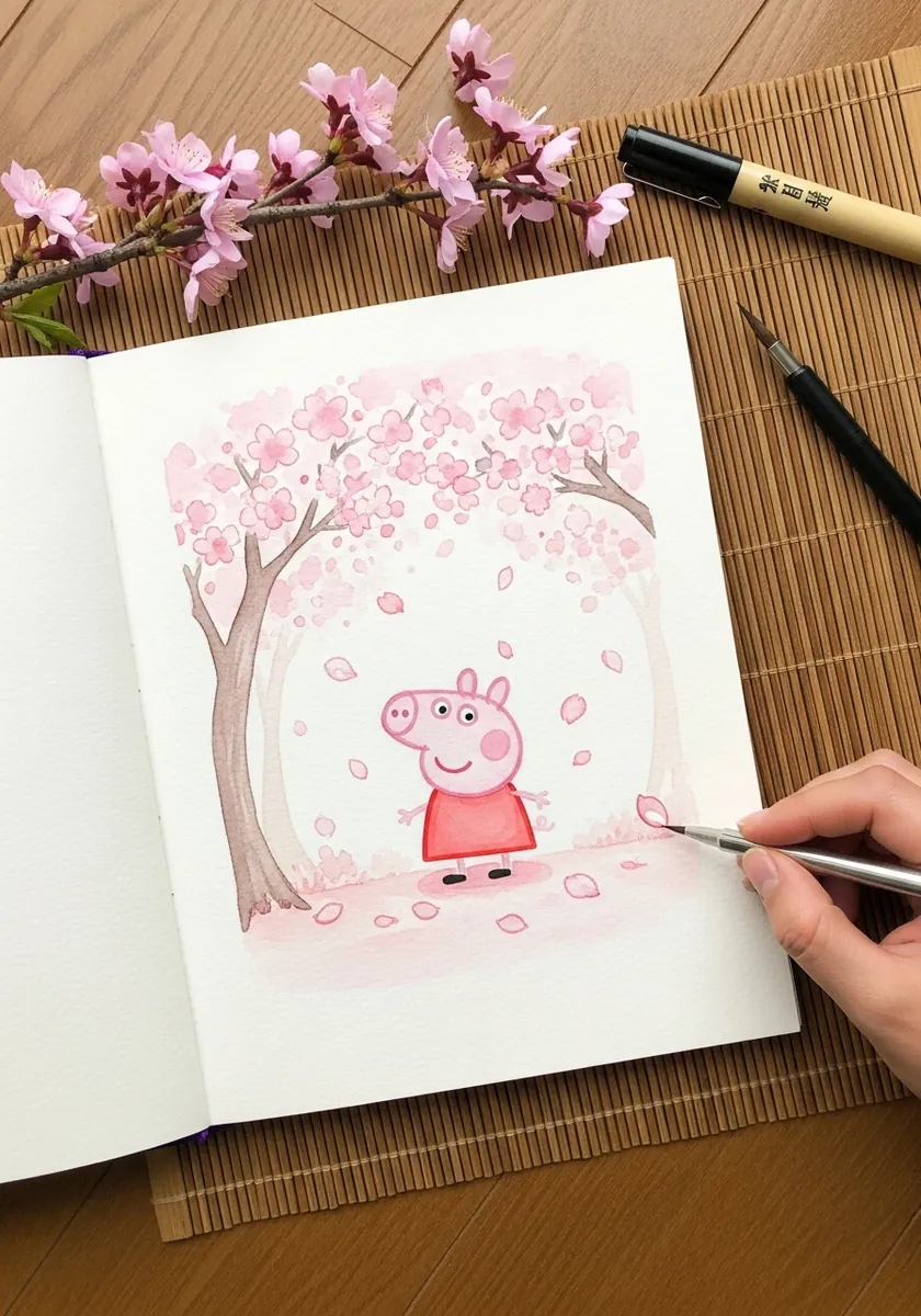 Soft pink watercolor of Peppa Pig on a swing beneath a blossom tree