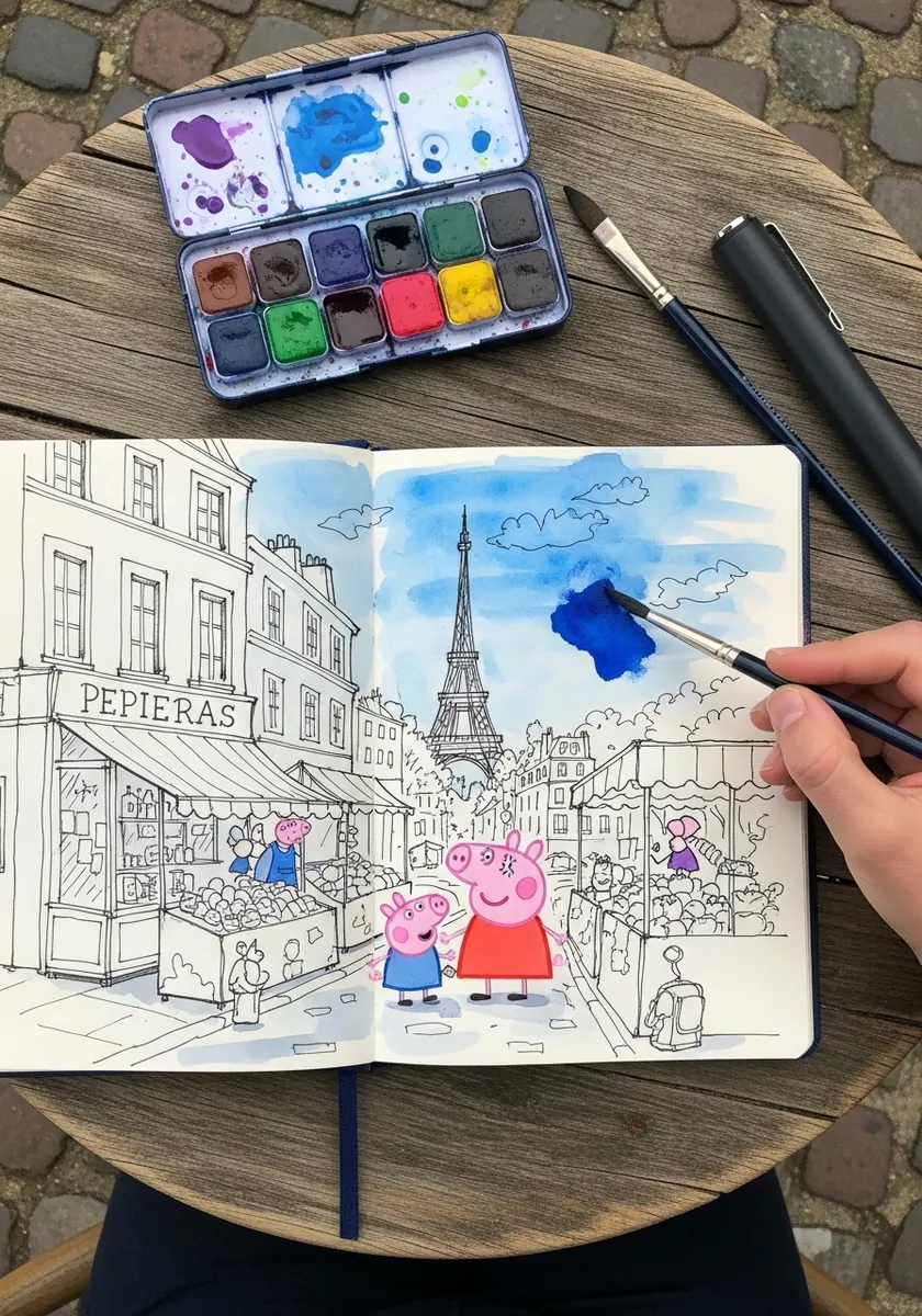 Ink and watercolor street scene in Paris with Peppa Pig and the Eiffel Tower