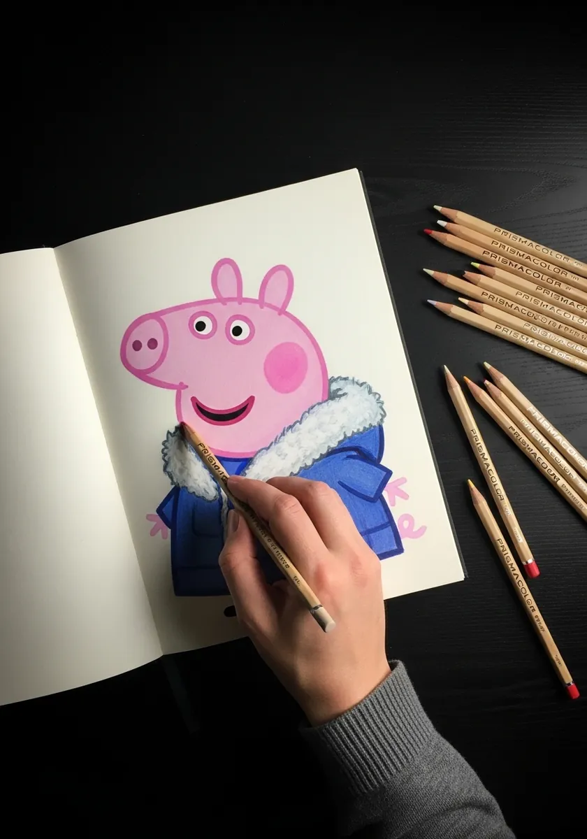 Colored pencil Peppa Pig in a blue winter coat drawn on black paper