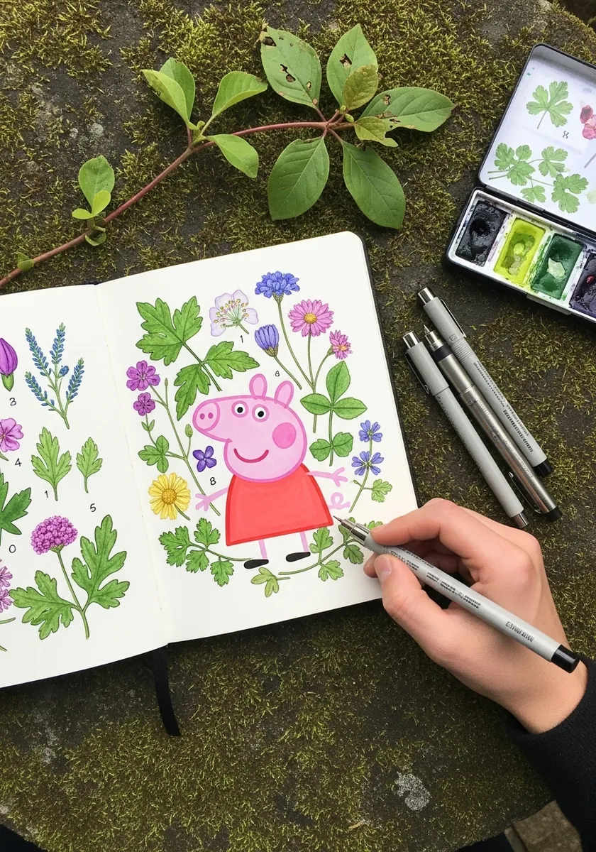 Peppa Pig surrounded by painted wildflowers, lavender and small green leaves