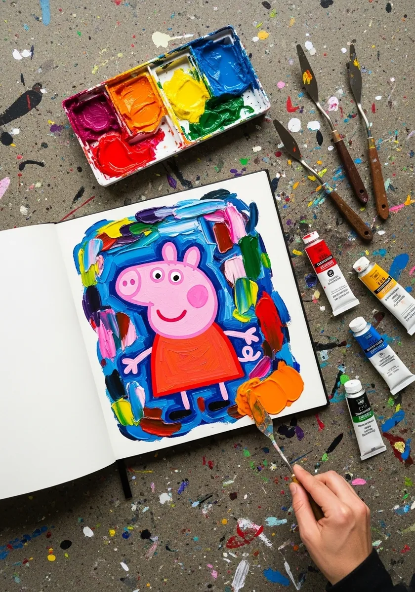 Thickly painted acrylic Peppa Pig portrait with visible palette knife texture