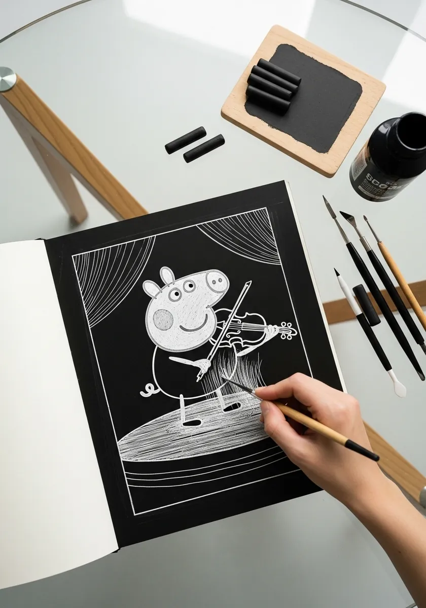 White line drawing of Peppa Pig playing a violin against a black background