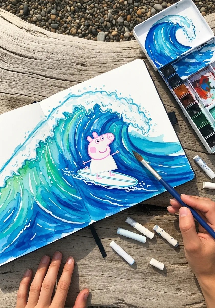 Watercolor Peppa Pig surfing on a large curling blue and turquoise wave