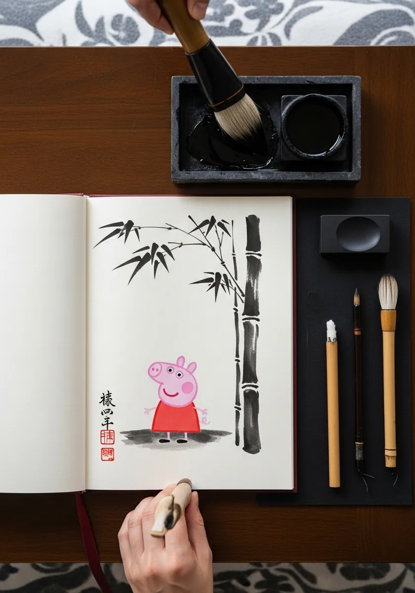 Minimal sumi-e ink painting of Peppa Pig beside bamboo with a red seal