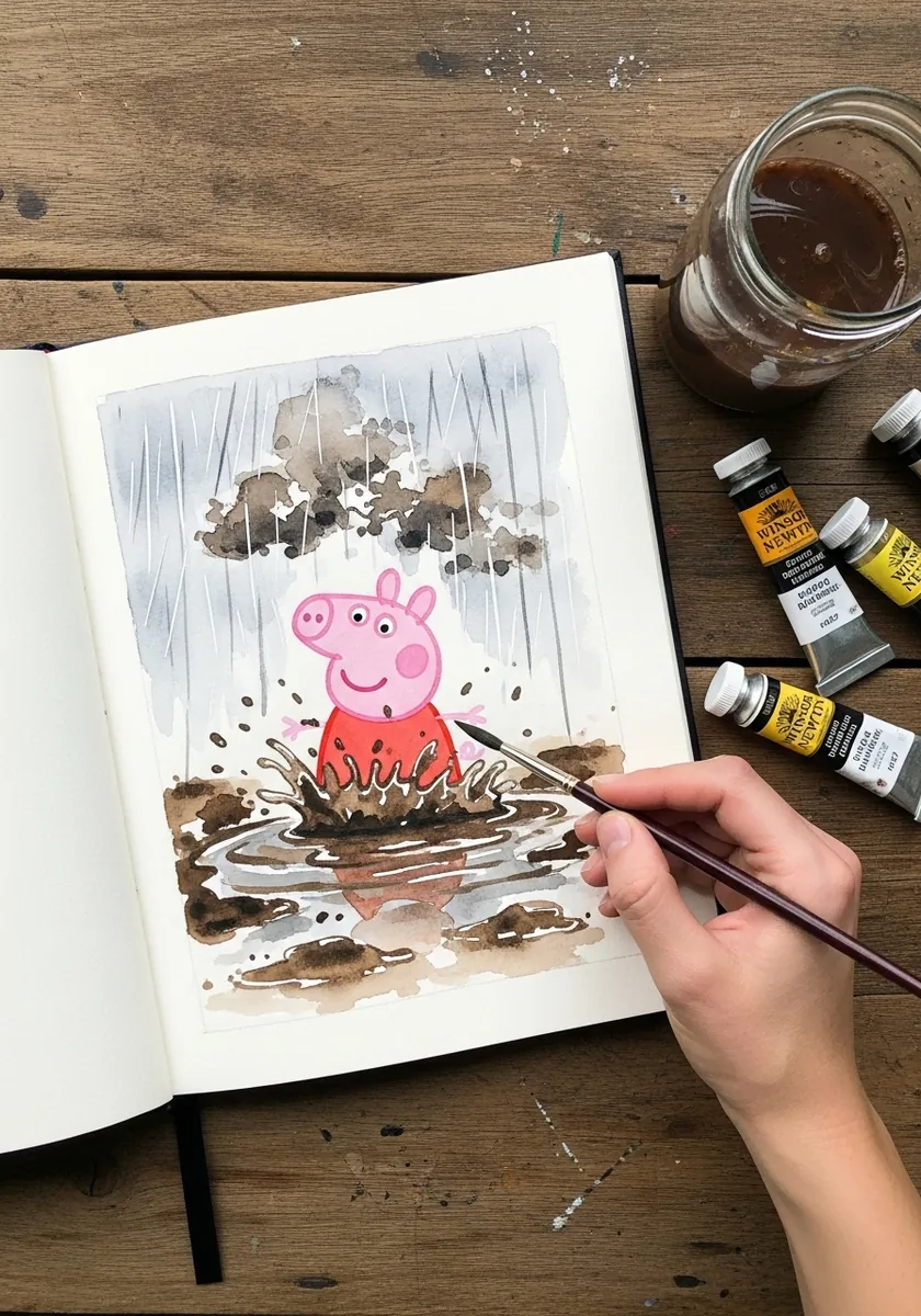 Watercolor Peppa Pig jumping into a brown muddy puddle with splashes flying
