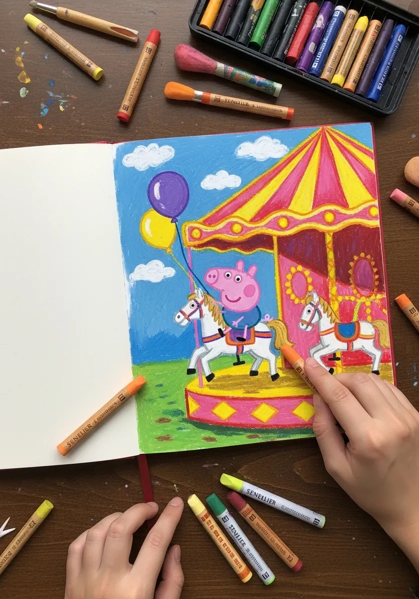 Bright oil pastel scene of Peppa Pig riding a carousel with balloons