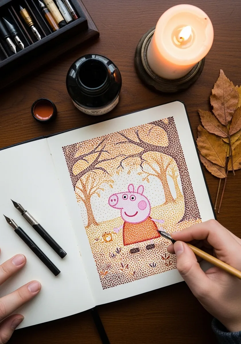 Stippled ink drawing of Peppa Pig in an autumn woodland with dotted texture