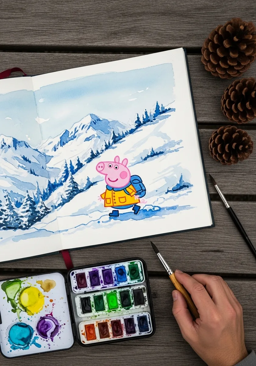 Watercolor Peppa Pig skiing down a snowy mountain slope in a blue jacket