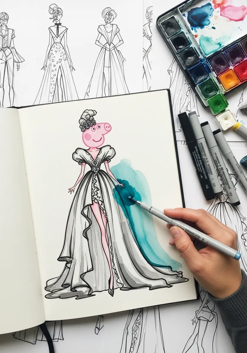 Fashion illustration of Peppa Pig in an elegant couture gown with a long train