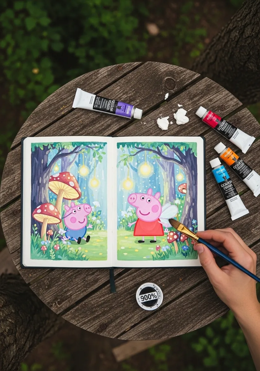Two panel illustration of Peppa Pig in a magical forest with mushrooms and fireflies