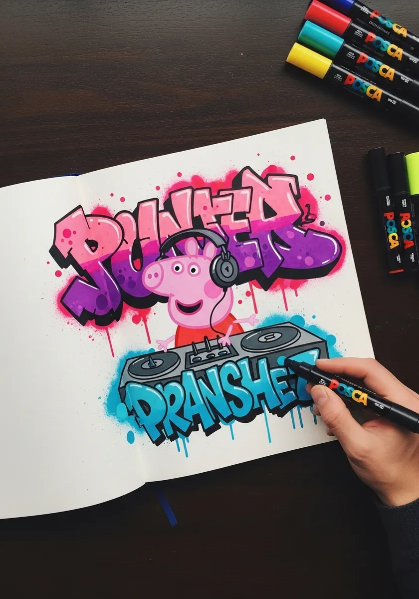 Graffiti style Peppa Pig as a DJ with bold spray painted bubble lettering